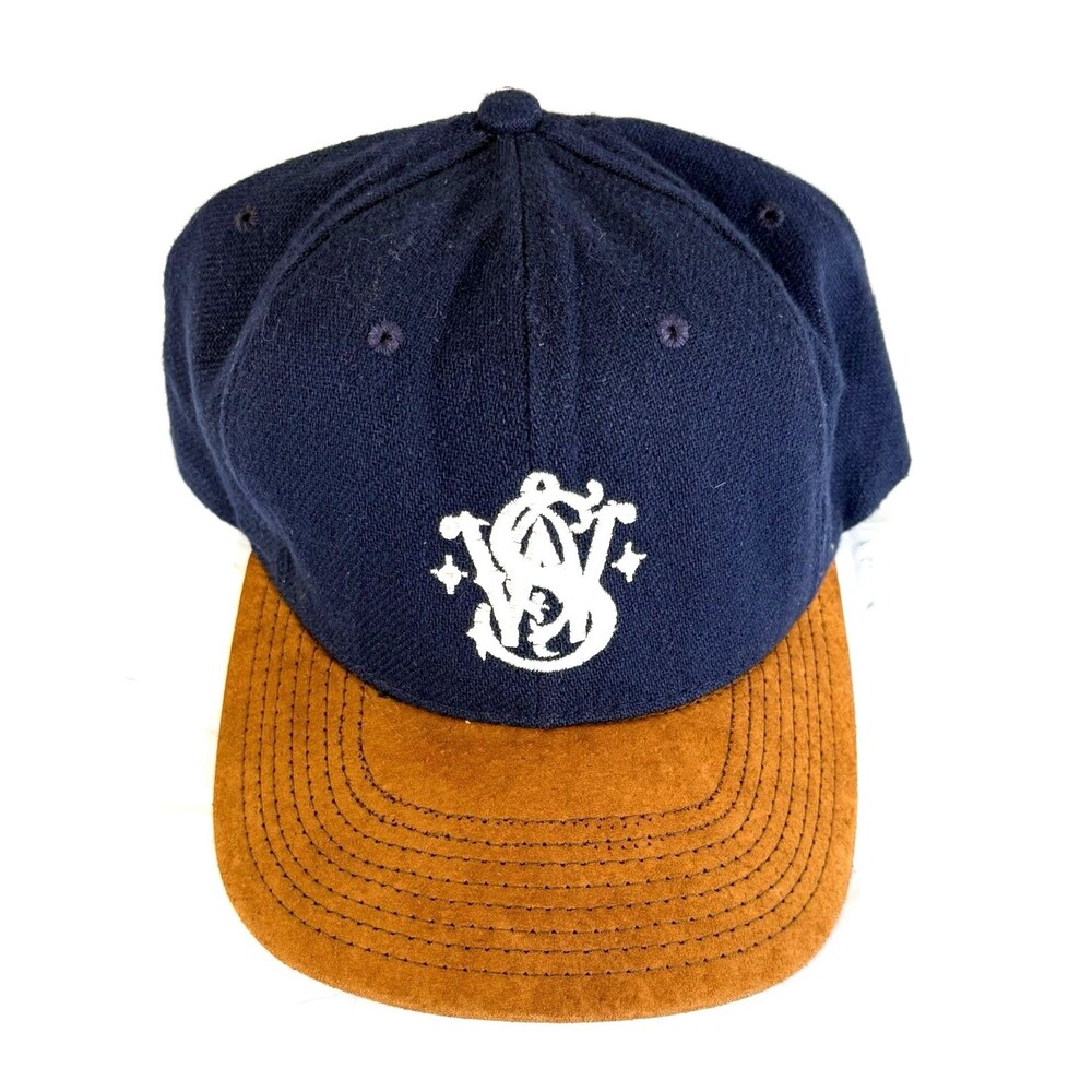 Vintage 90s Smith & Wesson Hat Cap Wool Suede Brim Strapback Made in USA Blue